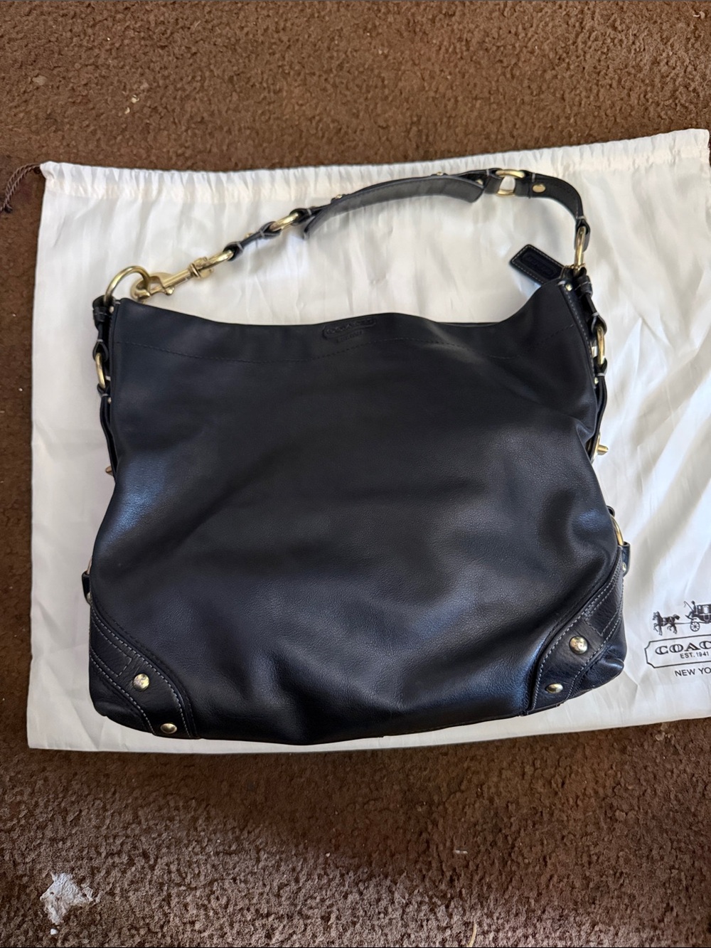 Coach Black Leather Hobo Shoulder Bag with Gold Hardware